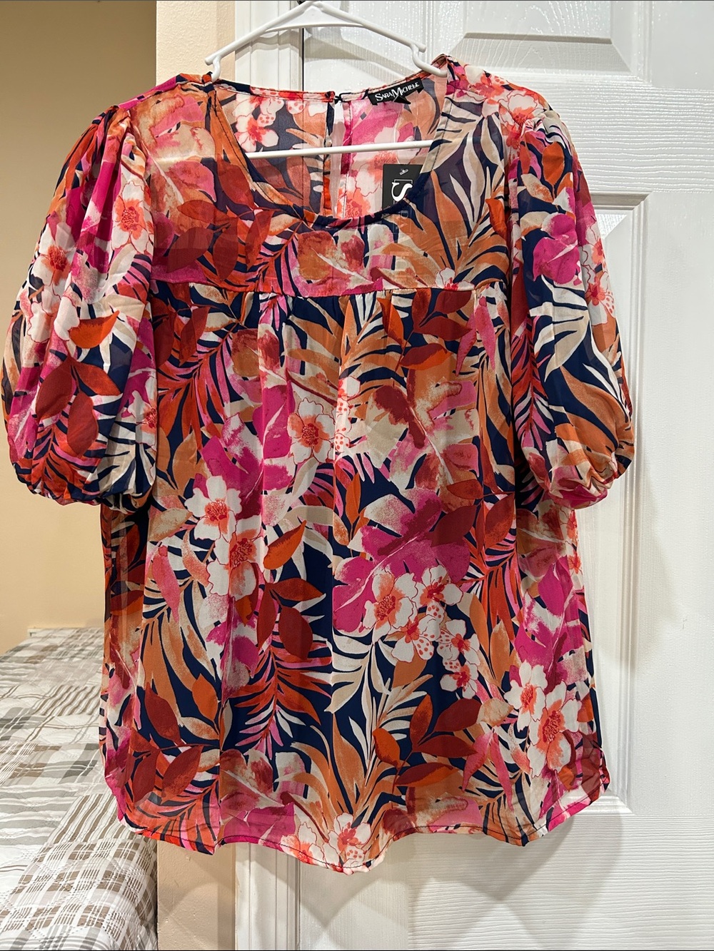 Sara Michelle Pink, Navy & Orange Floral Puff-Sleeve Blouse